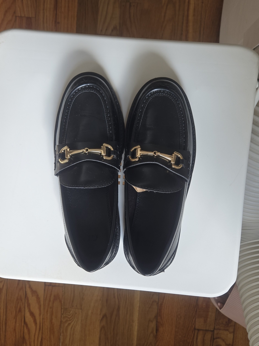 H&M Black Leather Loafers with Gold Chain Accent